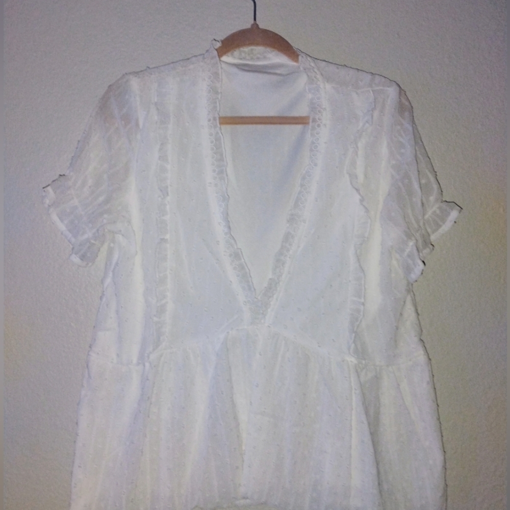 White Ruffled Peplum Short Sleeve Blouse